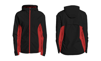 Modern black and red hooded windbreaker jacket, perfect for active lifestyles and outdoor adventures, showcasing sleek design and functional wear. © resource image