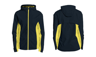 Modern athletic windbreaker jacket in navy blue with vibrant yellow accents, front and back views, perfect for active lifestyles and sports apparel branding. © resource image