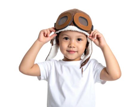 Young boy poses in a pilot's hat with goggles, smiling sweetly against a black backdrop, wearing a white t-shirt