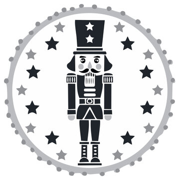 Illustration of a stylized nutcracker with stars inside a circle