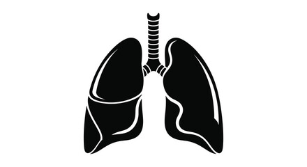 A stark black silhouette of human lungs and trachea against a white background representing respiratory system anatomy silhouette
