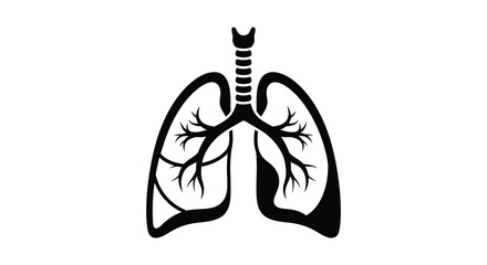 Anatomical illustration of human lungs and trachea depicted in a stark black and white silhouette style