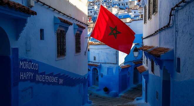 Morocco's Blue City: Chefchaouen Street Scene with Independence Day Flag - Powered by Adobe