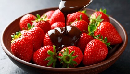 A bowl of ripe, vibrant red strawberries being drizzled with rich, melted dark chocolate. Foodie imagery of fresh fruit