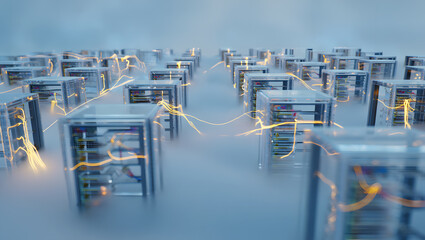 Rows of glowing server racks connected by illuminated data streams in a digital network technology