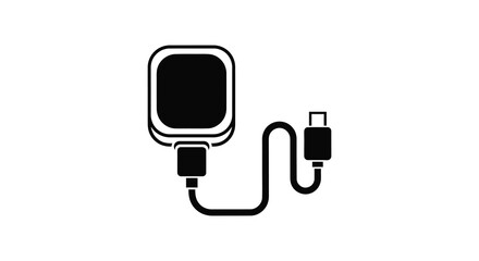 Simple black silhouette of a portable external hard drive connected to a usb c cable and connector