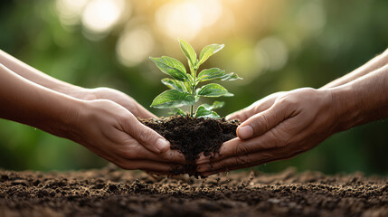 Fototapeta premium Two hands holding a small healthy plant over fertile soil with soft sunlight illuminating the green leaves representing harmony and balance with nature