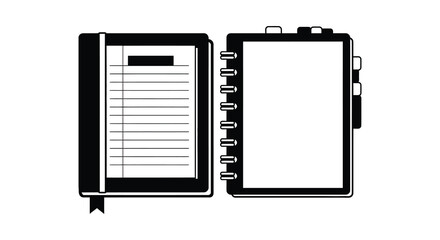 Open notebook with blank pages and a pen on the right side presented as a clean black and white silhouette