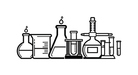 Collection of various laboratory glassware and scientific equipment in a simple black silhouette style