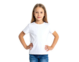 Young girl with long straight blonde hair wearing a white t-shirt and jeans, isolated on black