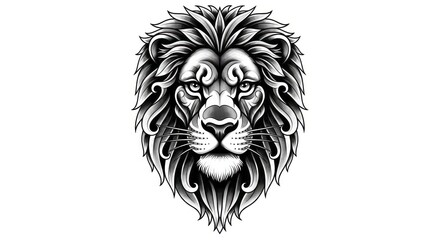 Obraz premium Stylized Grayscale Lion Head Illustration with Intricate Tribal Details on White Background