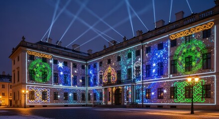 Fototapeta premium Riga castle illuminated with colorful lights during the staro riga light festival