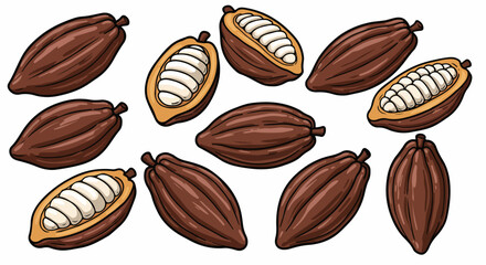 Cocoa pods and beans isolated with transparent background