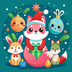 Naklejka premium Cute christmas animals including a fox rabbit and squirrel celebrating the holidays