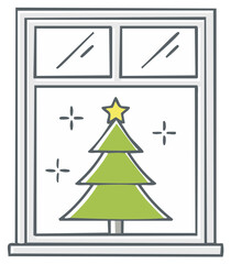 Festive minimalist Christmas tree with yellow star design visible through a window for winter holidays celebration