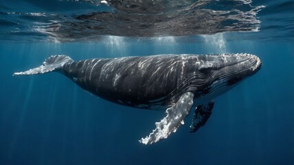 Naklejka premium A humpback whale mother swims alongside her curious calf