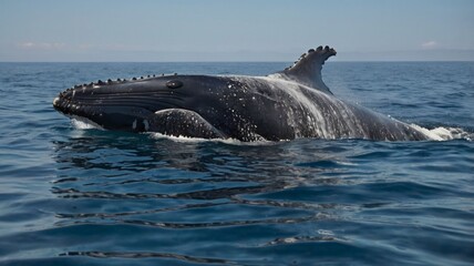 Naklejka premium A humpback whale mother swims alongside her curious calf