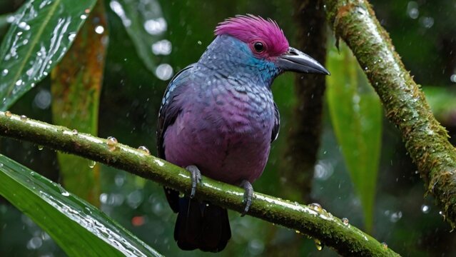 A pompadour cotinga preens carefully, smoothing its iridescent feathers beneath the shelter of broad tropical leaves