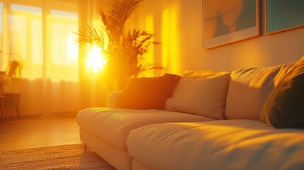 Cozy Living Room Bathed in Warm Soft Light with Beige Couch and Beautiful Sunset Glow