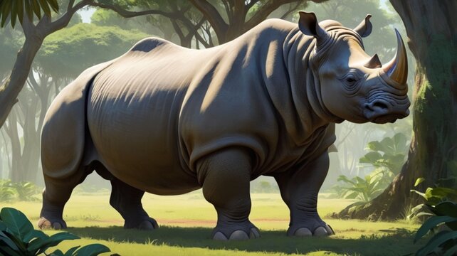 A Javan Rhinoceros stands silently in the shadows of giant fig trees