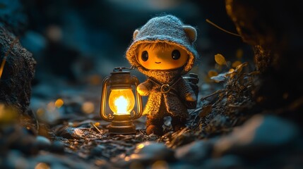 Tiny Adventurer Doll Holding Lantern in Dark Cave Setting with Enchanting Ambient Light