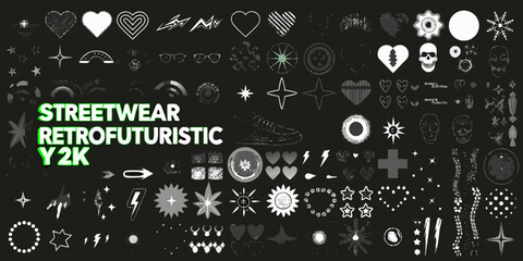Collection of retrofuturistic y2k streetwear graphic elements and icons for design