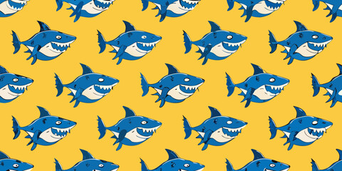 Seamless pattern of cartoon blue sharks with sharp teeth against a bright yellow background
