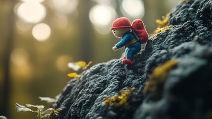 Tiny Explorer Climbing Rocky Mountain Terrain in Nature with Backpack and Adventure Spirit