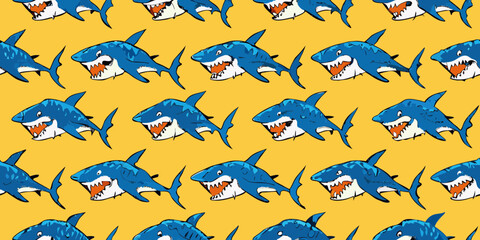 A playful pattern of cartoon sharks with sharp teeth swimming against a bright yellow background