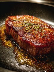 Thick Steak with Golden Sear and Glistening Olive Oil in Frying Pan