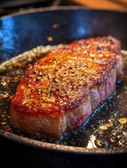 Thick Steak with Golden Sear in Olive Oil, Glistening with Flavor and Aroma in a Pan