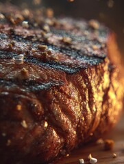 Sizzling Steak with Golden Crust Captured in Macro View, Highlighting Texture and Juiciness