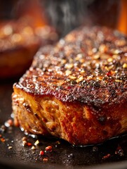 Sizzling Steak on a Grill with Golden Crust and Spices Captured in Macro Photography