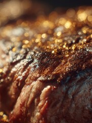 Close-up of Sizzling Steak with Golden Crust and Juicy Texture on Surface