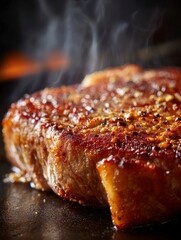 Sizzling Steak with Golden Crust on Hot Surface Captured in Macro Photography