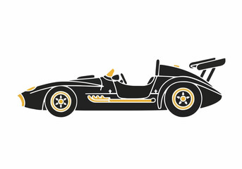 Obraz premium Side view showcases a sleek black vintage race car with gold detailing against a crisp white background evoking speed and classic automotive design using vector graphics.