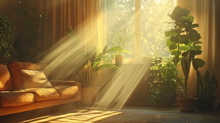 Serene Sunlight Streaming into a Cozy Lounge with a Comfortable Couch and Lush Green Plants