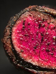 Close-Up View of Juicy Steak Cross Section with Pink Meat and Sizzling Oil Droplets on Surface
