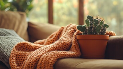 Cozy Soft Blanket Draped on Couch with Cactus in Terracotta Pot in a Sunlit Room