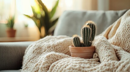 Cozy Terracotta Pot with Cactus on Soft Blanket Draped Over Couch in Sunlit Living Room