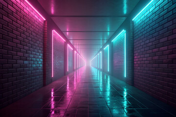 Neon Corridor of Modernity: A perspective view of a neon-lit corridor, where vibrant streaks of magenta and cyan light paint the walls.