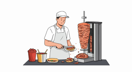 Shawarma vendor preparing food with a vertical rotisserie