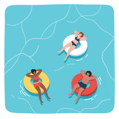 Flat vector illustration shows three diverse friends relaxing on vibrant inflatable tubes, floating calmly in a sunny outdoor swimming pool, embodying summer leisure and vacation fun.