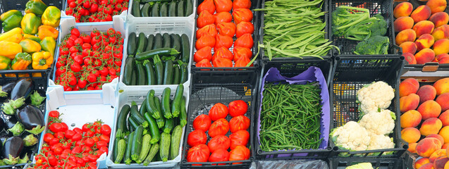 crates of fruit for sale at the produce stall featuring red and yellow peppers ripe eggplant green lettuce cabbage and tomatoes