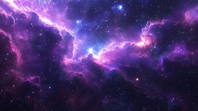 Vibrant purple and pink nebula in deep space filled with twinkling stars