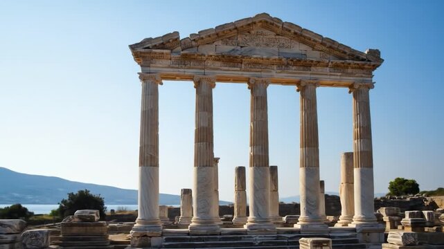 Ancient stone columns stand against a clear blue sky with distant hills and water