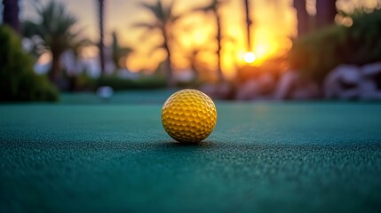 Close up of a yellow tennis ball bathed in golden sunset light on a green court