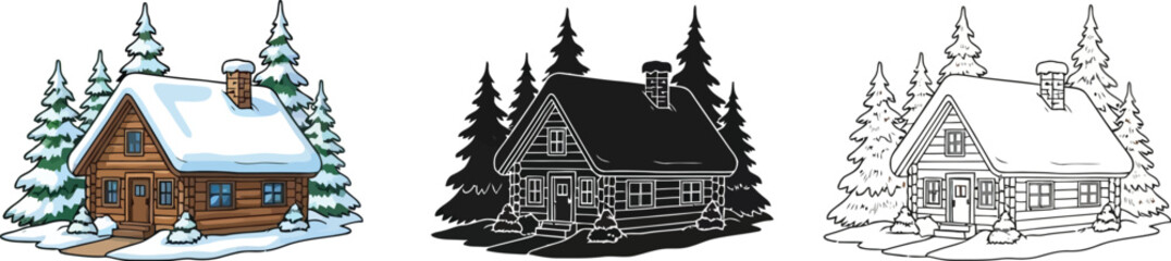 Winter cabin in snow, vector illustration in color, silhouette, and outline style