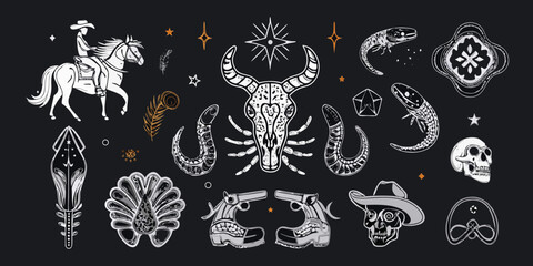 Collection of western and occult inspired illustrations including a cowboy on horseback bull skull snakes guns and skulls
