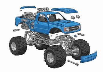 A blue monster truck illustration with exploded view showcasing parts against a white backdrop evokes mechanical design and automotive engineering concepts in a technical style.